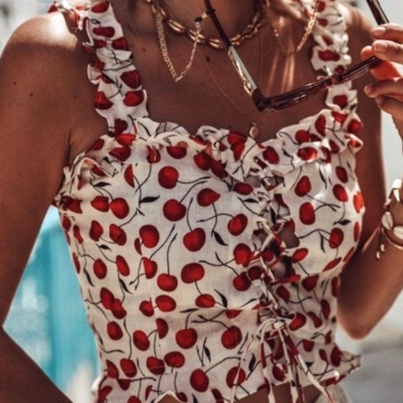 Reformation Corset Bustier Crop Top 10 White Red Cherry Print Linen Lace Up Tank - Picture 8 of 12